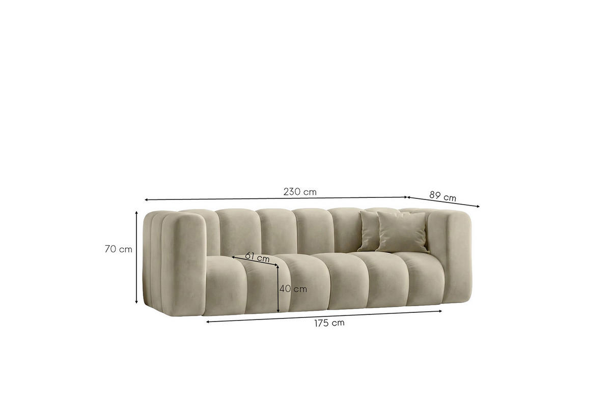 SOFA 3-Sitzer Modulares, Velvet-Stoff Riviera, Beige, GRAND - Beige, Holz (230/70/89cm) - Kaiser Möbel