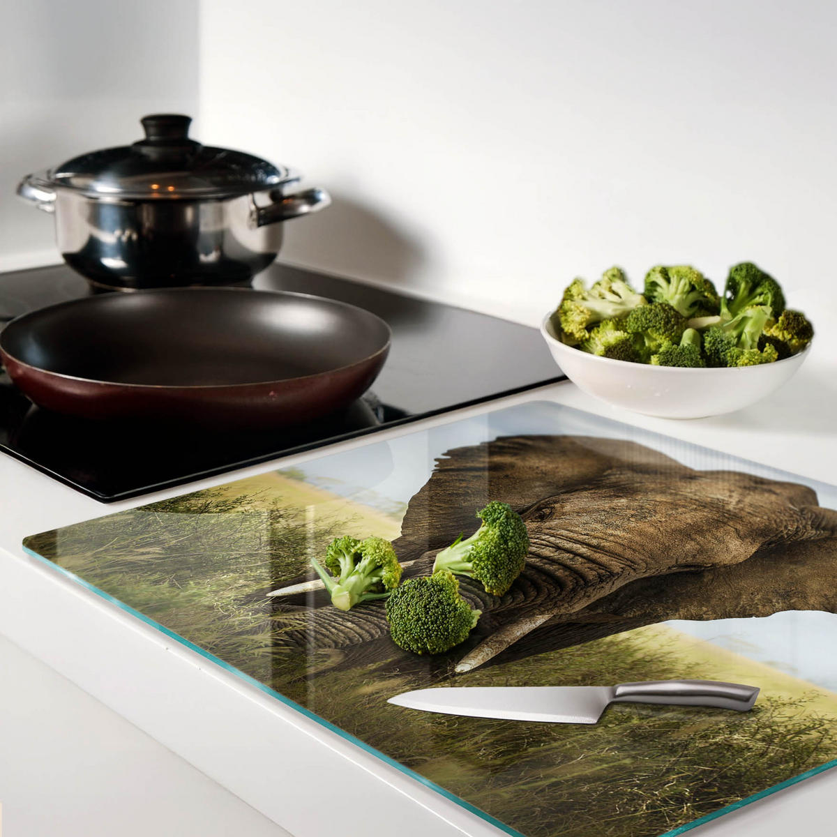 GLASPLATTE 60x52 cm Elefantensavanne - Braun, Glas (60/0.4/52cm) - TULUP