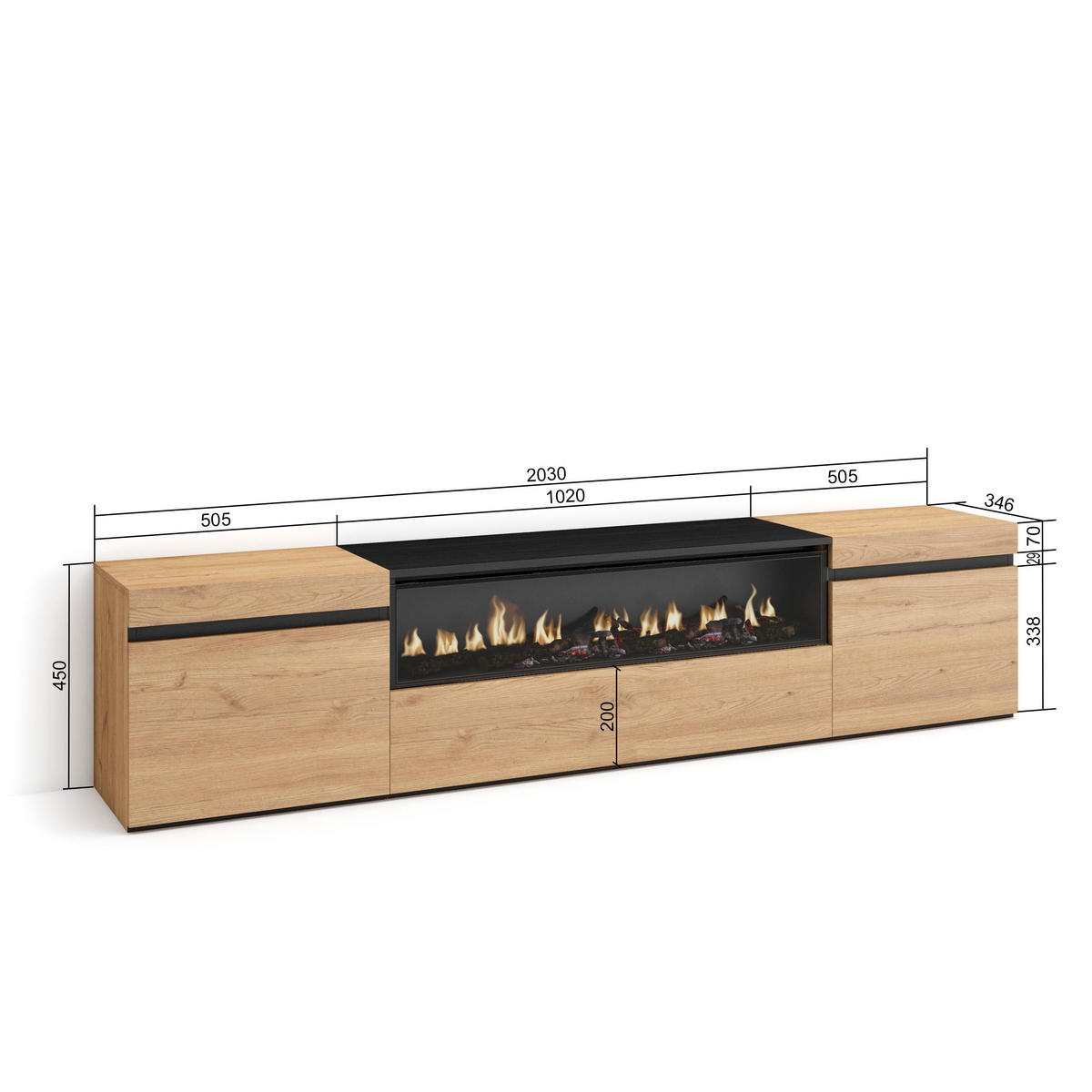 LOWBOARD Elektrokamin, eiche, schwarz, 200/35/45cm - Eichefarben, Holzwerkstoff (200/45/35cm) - Skraut Home