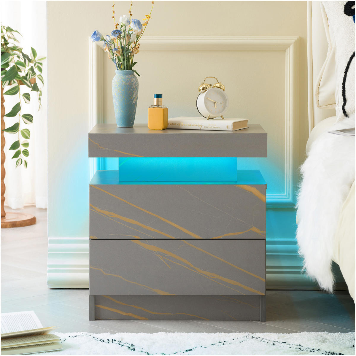 NACHTTISCH 50/53/36 cm Grau und Gold aus Holzwerkstoff mit LED-Beleuchtung und 2 Schubladen - Grau, Holzwerkstoff (53/36/50cm) - OKWISH