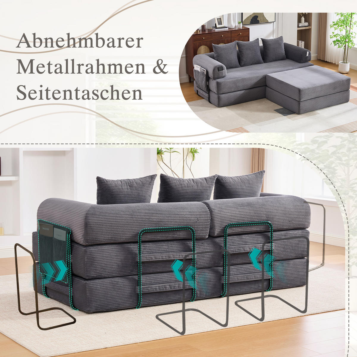 ECKSOFA Cord Dunkelgrau mit Hocker, Kissen und Seitentasche - Dunkelgrau, Textil/Metall (218/285cm) - WISHDOR