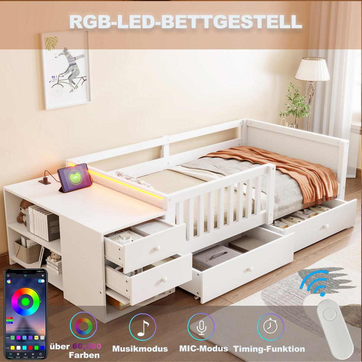 KINDERBETT 90/200 cm in Weiß mit 2 Schubladen, Regalen, Klapptür, Steckdose und LED aus Holz - Weiß, Holzwerkstoff (90/200cm) - STILVORA