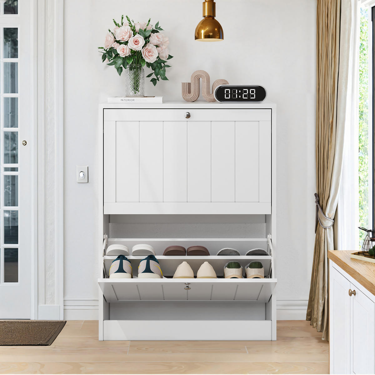 SCHUHSCHRANK aus MDF & Spanplatte in Weiß mit 2 Klappschubladen - Weiß, Holzwerkstoff (60/80/24cm) - Modfu