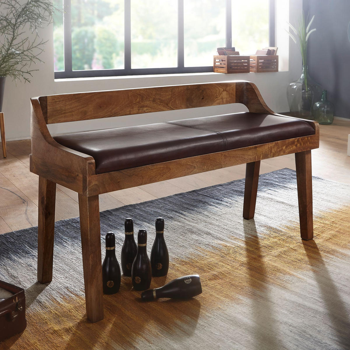 SITZBANK – Echtleder, 108 cm, mit Rückenlehne, Beine Massivholz - Braun, Mangoholz/Leder (108/63/43cm) - KADIMA DESIGN