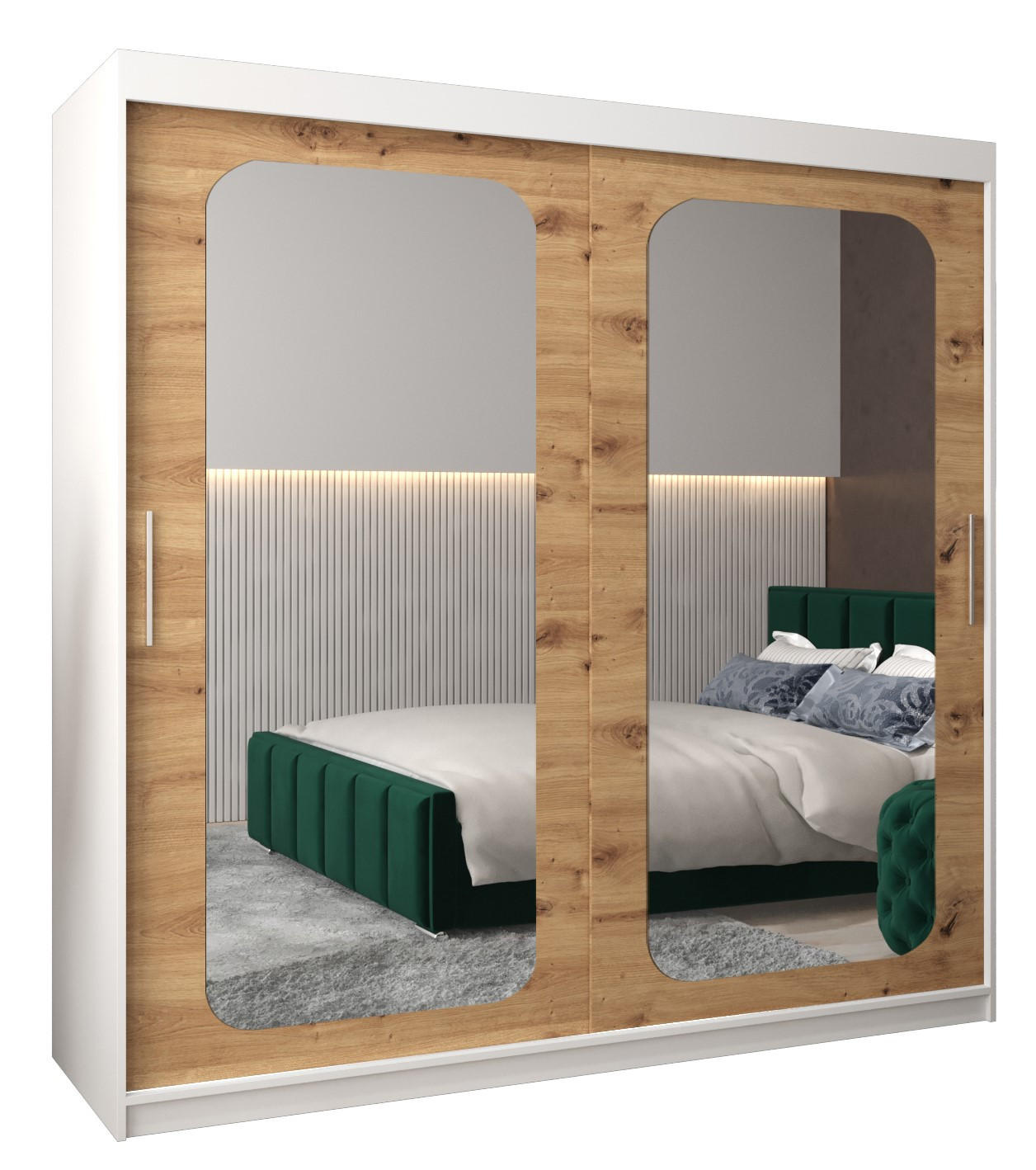 Abiks Möbel Schwebetürenschrank Weiß, Eiche Artisan 200x200x62 cm