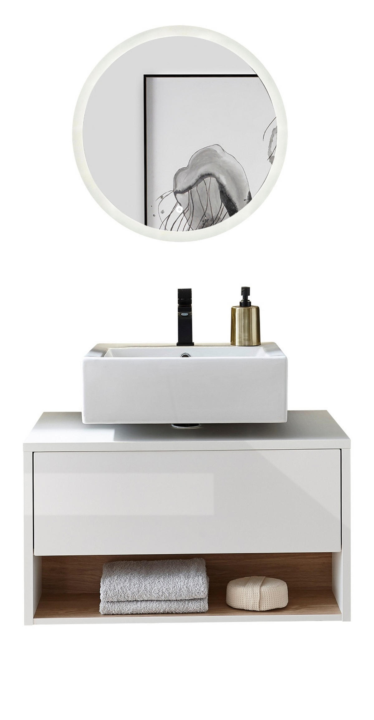 Badmöbel Set 2-teilig in weiß Hochglanz und Eiche mit LED Beleuchtung 80 x 190 cm Glide - Weiß Hochglanz/Eichefarben, Glas/Holzwerkstoff (80/190/46cm) - Furn.Design