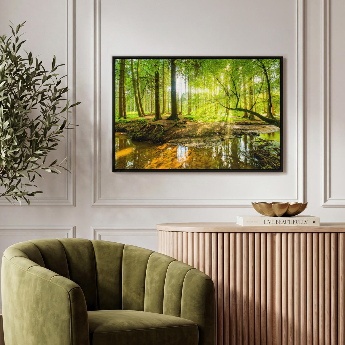 LEINWAND Bilder mit Rahmen - Wald - Landschaft - Wasser - Bäume - Sonne - Grün - Natur - 60x40 - Grün, Textil (60/40cm) - MuchoWow