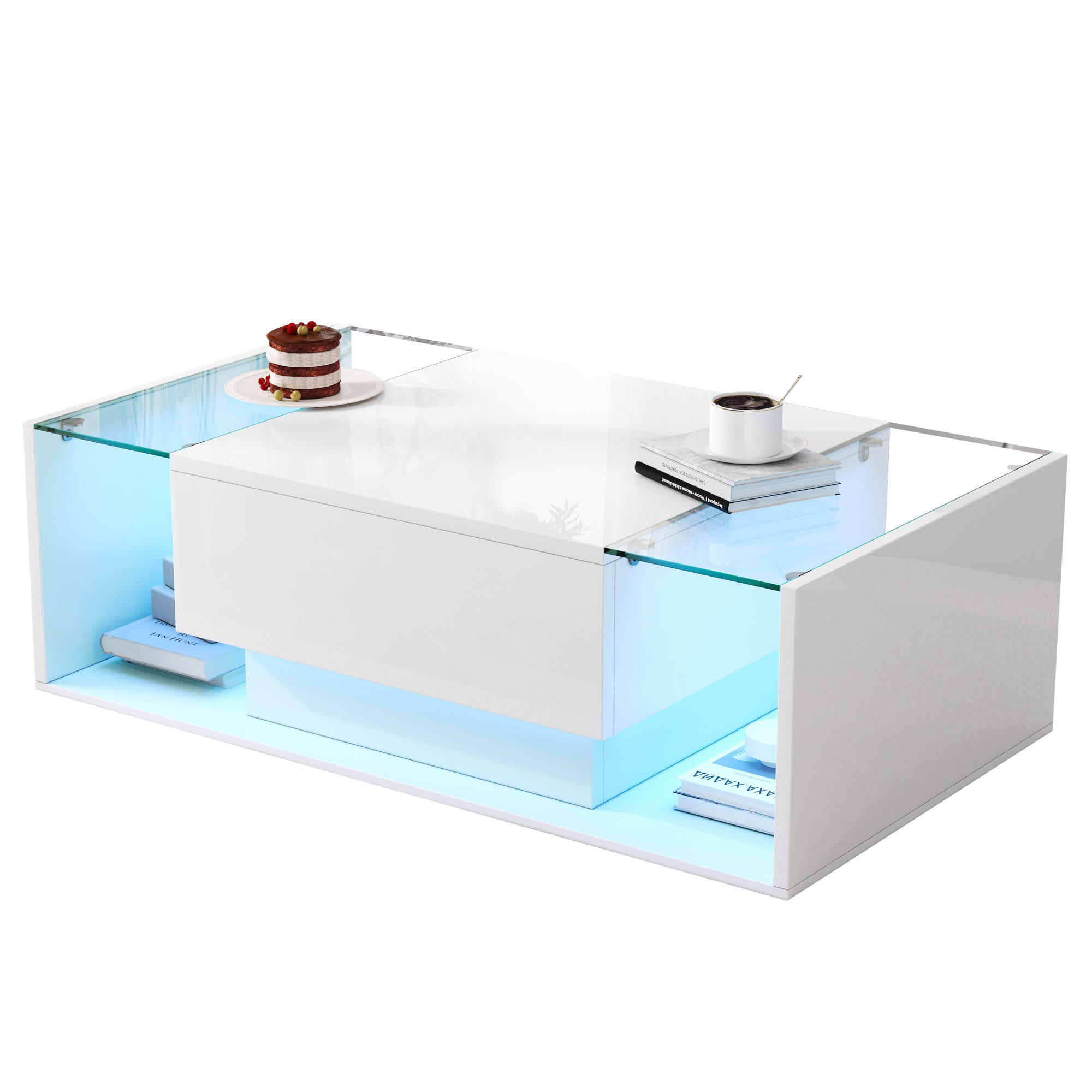 COUCHTISCH in Weiß Kaffeetisch mit 1 Schublade und LED-Lichtleiste für Wohnzimmer, B100/T50/H31cm - Weiß, Glas/Holzwerkstoff (50/100/31cm) - STILVORA