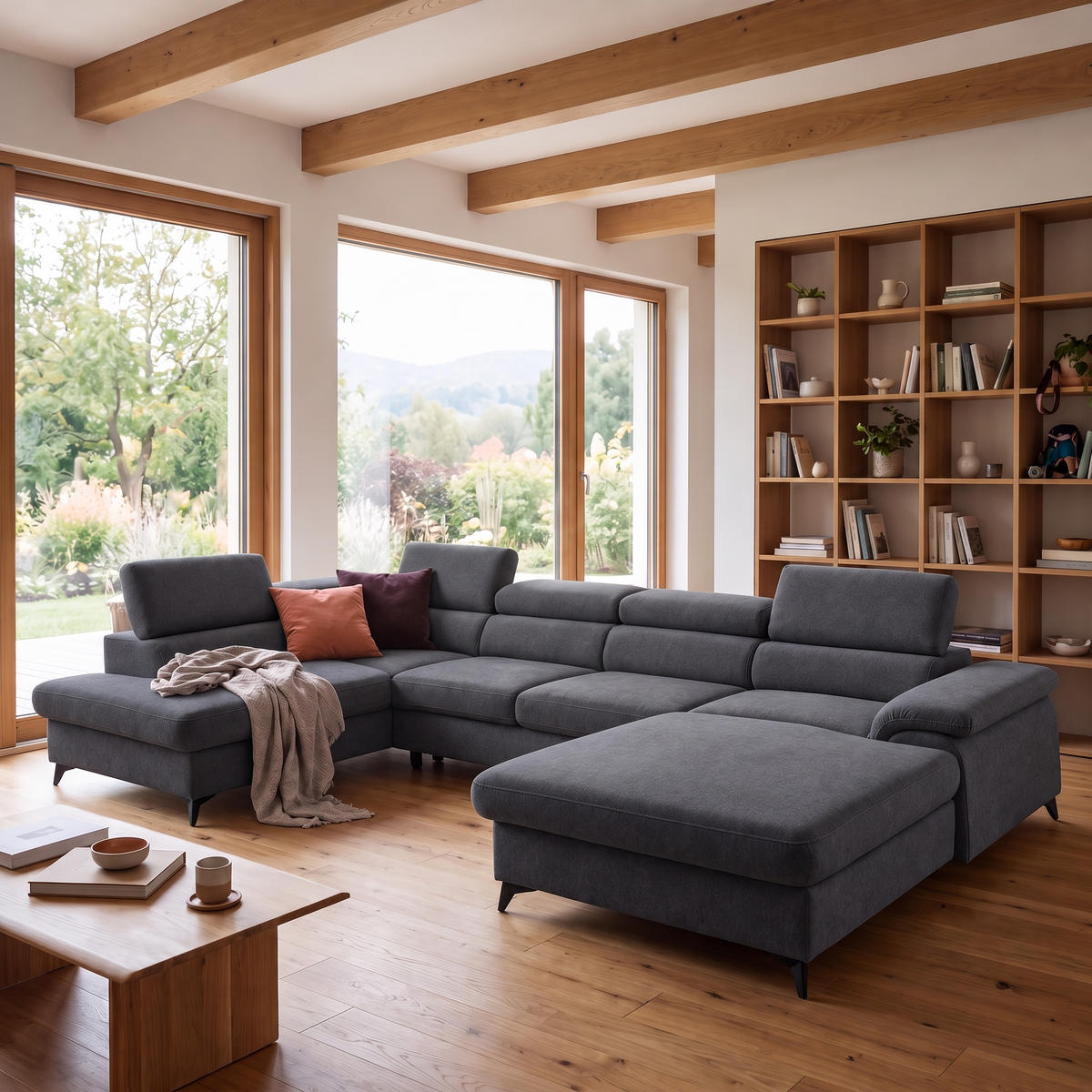 ECKSOFA U-Form PLAZA U Links mit Schlaffunktion 125x256 Velours Anthrazit - Anthrazit/Schwarz, Holz/Kunststoff (210/95/350cm) - Muffo