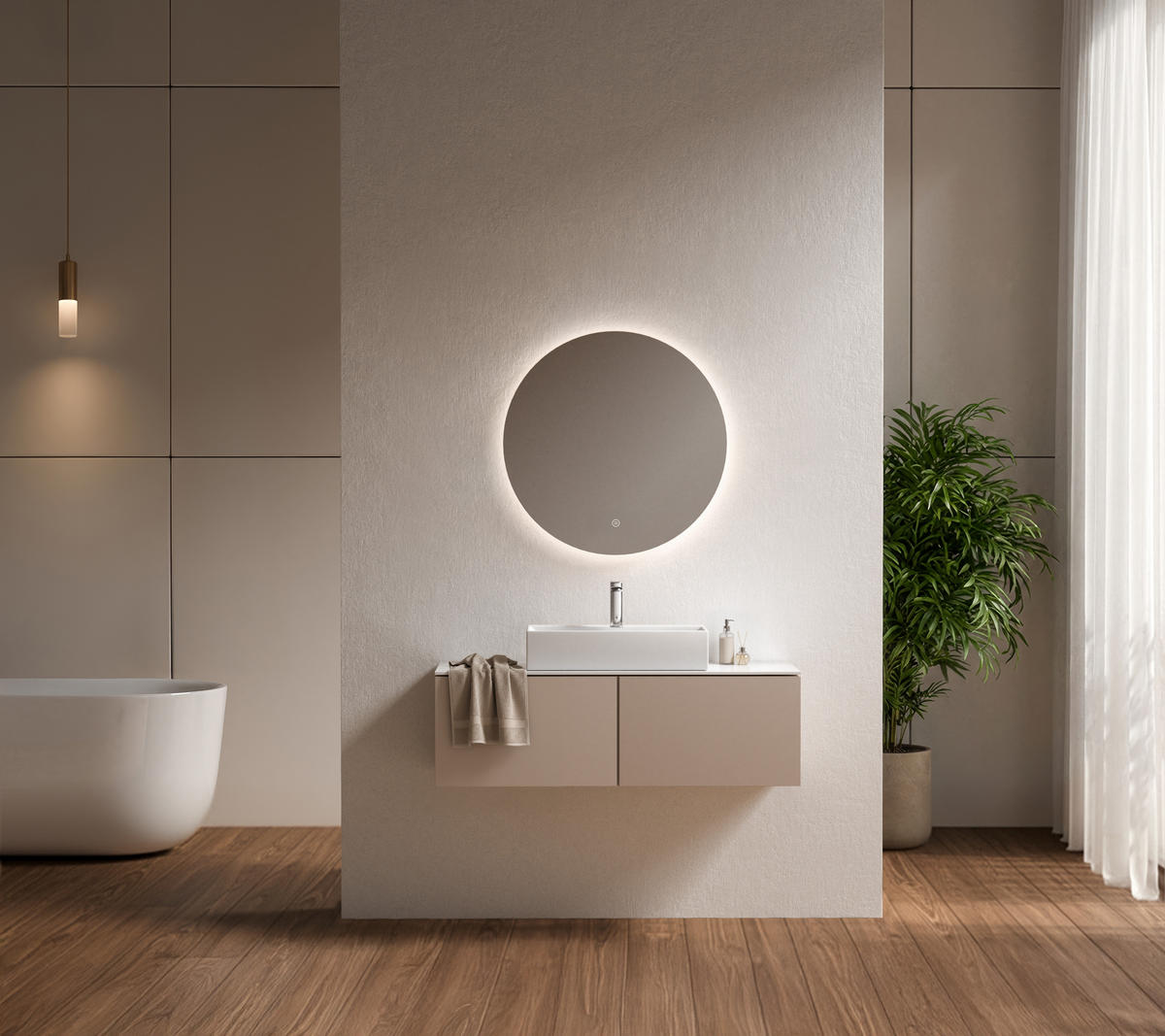 BADSPIEGEL Rund mit Beleuchtung Rahmenlos, Kaltweißes Licht, beschlagfrei, Ø 70 cm - Weiß, Glas (70/3/70cm) - EMKE