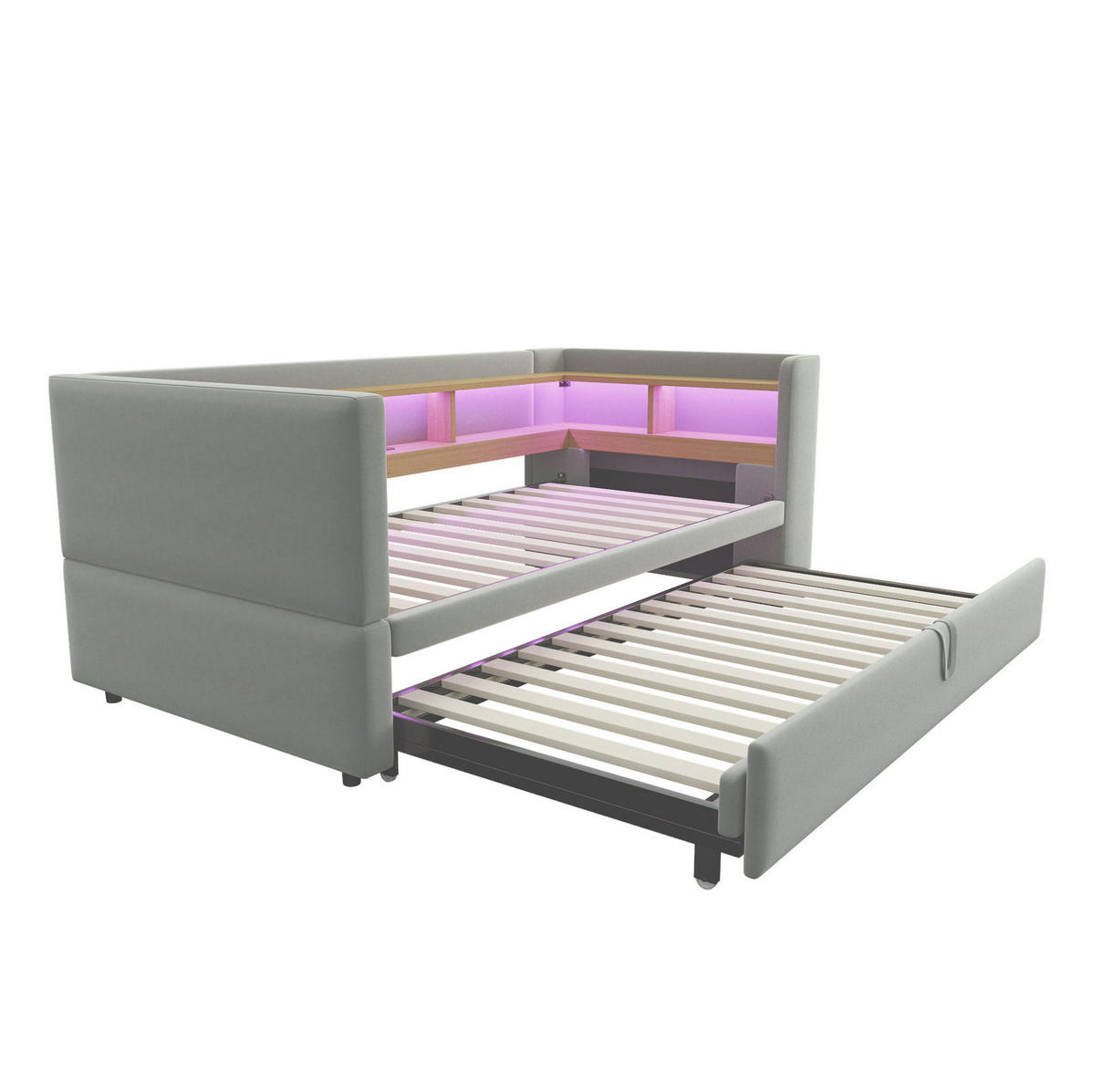POLSTERBETT 90/180 cm hellgrau aus Flanell mit LED-Beleuchtung und Steckdosen - Hellgrau, Textil (90/190cm) - OKMYHOME