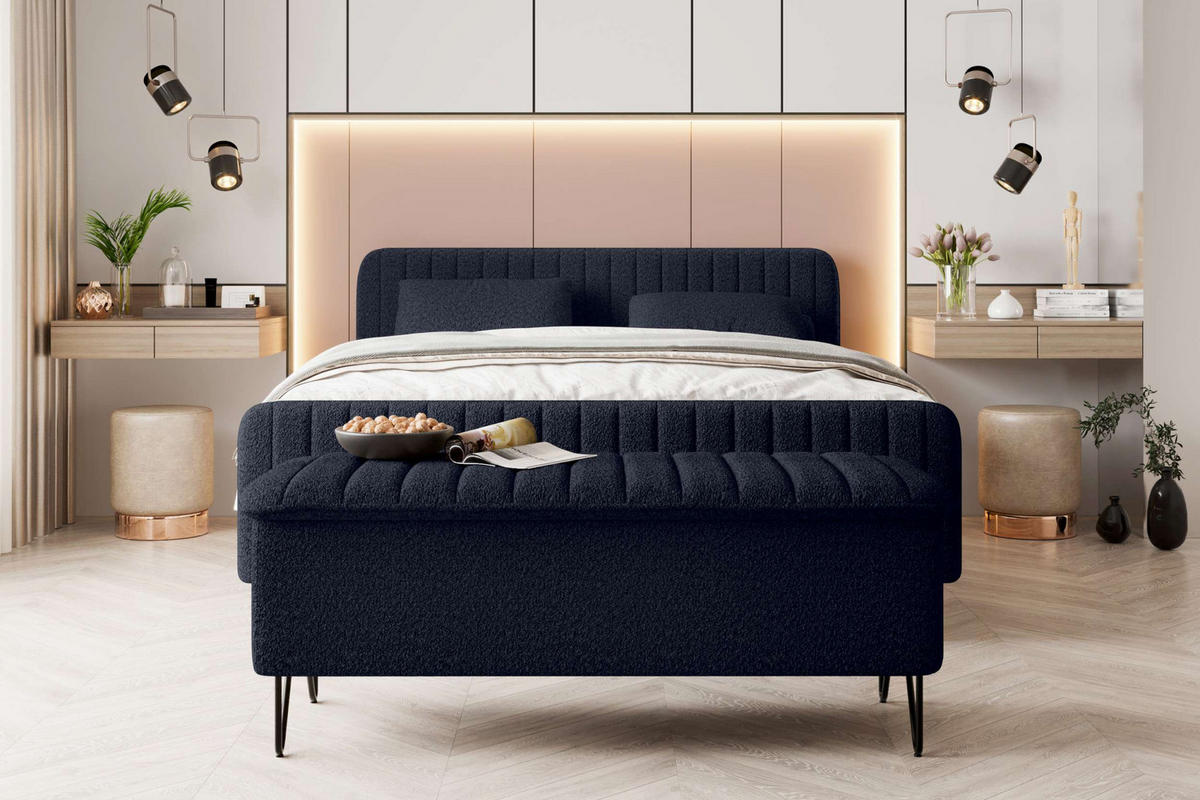 BOXSPRINGBETT LUCIO mit Hocker Bouclé-Stoff Dunkelblau 160/200 cm - Schwarz/Dunkelblau, Textil/Metall (160/200cm) - 99rooms
