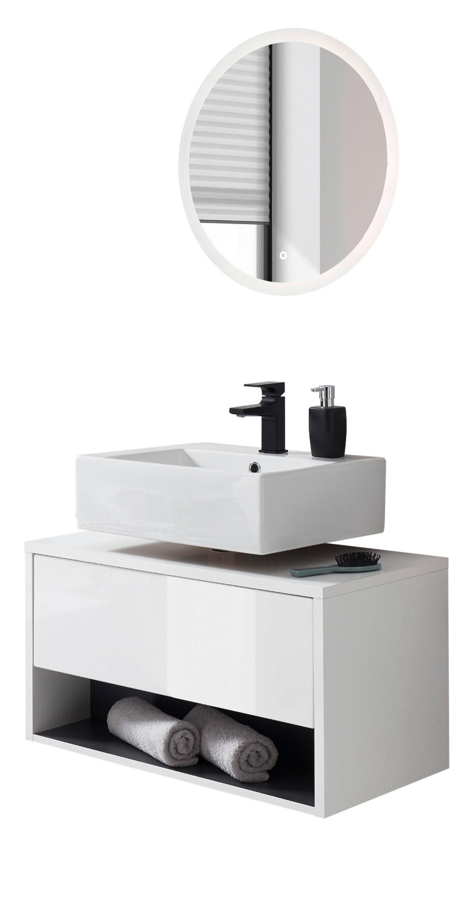 BADMÖBEL Set 2-teilig in weiß Hochglanz und grau mit LED Beleuchtung 80 x 190 cm Glide - Weiß Hochglanz/Grau, Glas/Holzwerkstoff (80/190/46cm) - Furn.Design