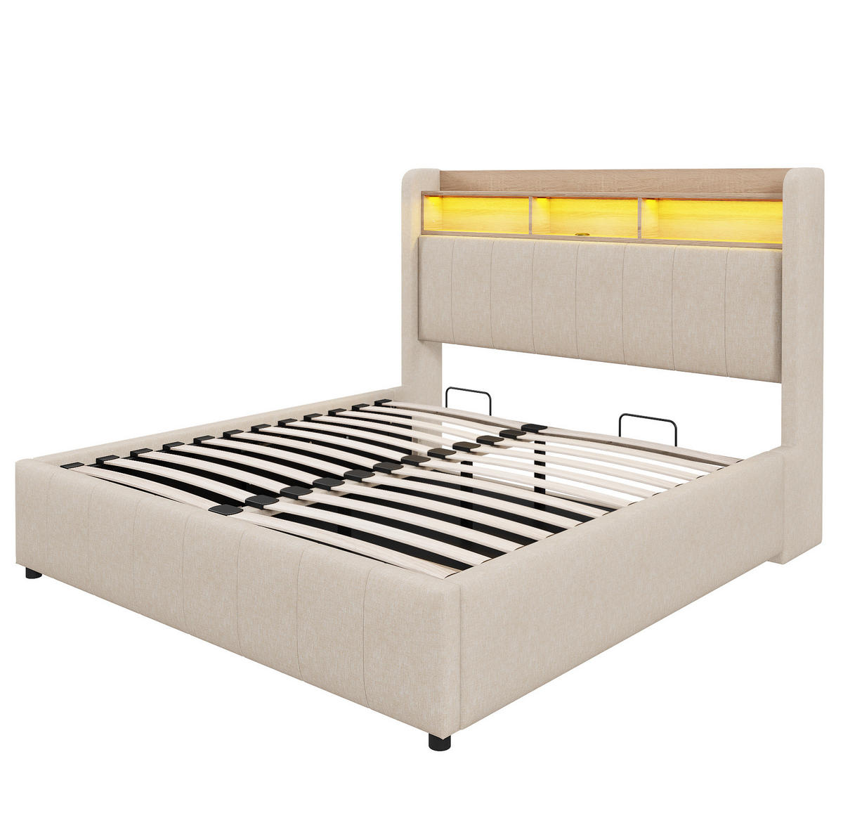 ČALÚNENÁ posteľ 140/200 cm s meniacim sa LED osvetlením, USB a Type-C portom, úložným priestorom, Béžová - béžová, textil (140/200cm) - Redom
