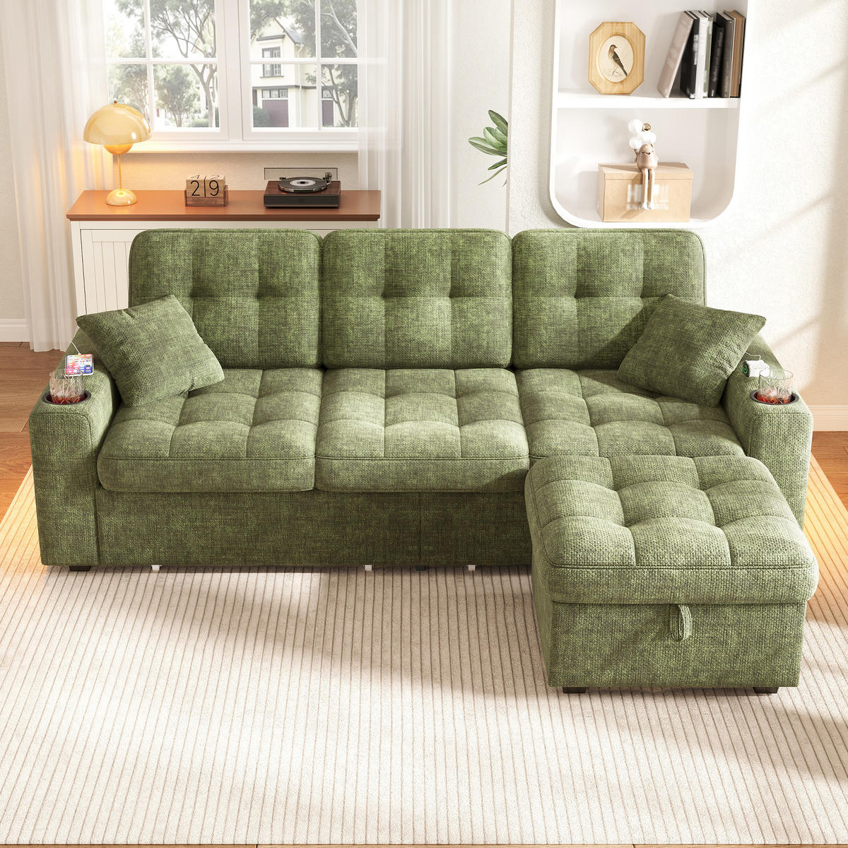BIGSOFA mit Stauraum-Hocker, USB-C, LED und Getränkehaltern aus Chenille - Grün, Textil (194.5/83/133cm) - EVRYAE