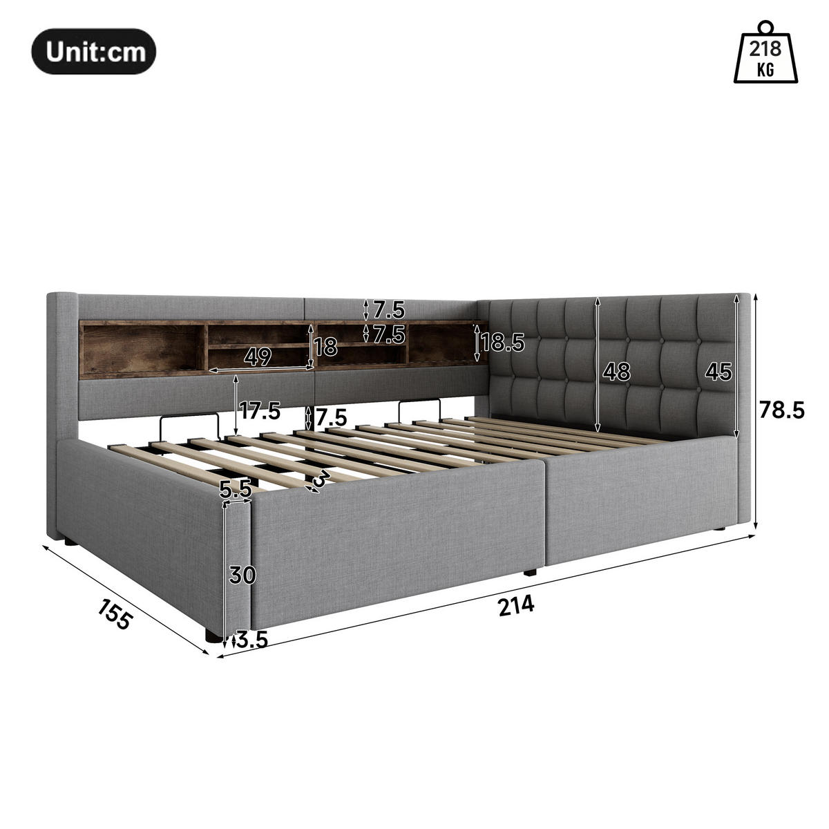 DENNÍ POSTEL 140x200cm Pohovka Úložná LED USB Šedá - šedá, přírodní materiály (140/200cm) - FLIEKS