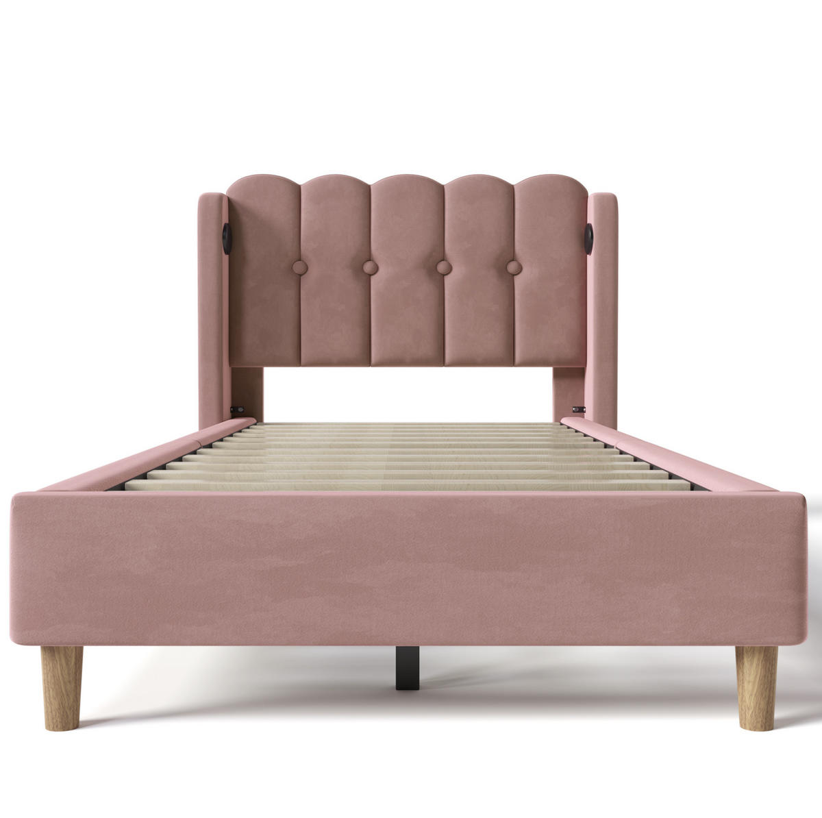 SAMT-POLSTERBETT 90/200 cm Rosa mit USB-C, Lattenrost und gepolstertem Kopfteil - Rosa, Textil (90/200cm) - BEAOK