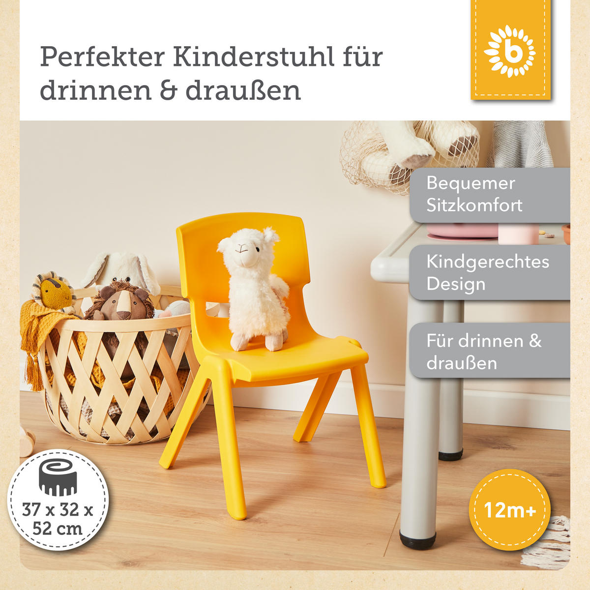 KINDERSTUHL bis 80 kg belastbar - ab 12 - Gelb, Kunststoff (34/51.5/36cm) - Bieco Spielwaren