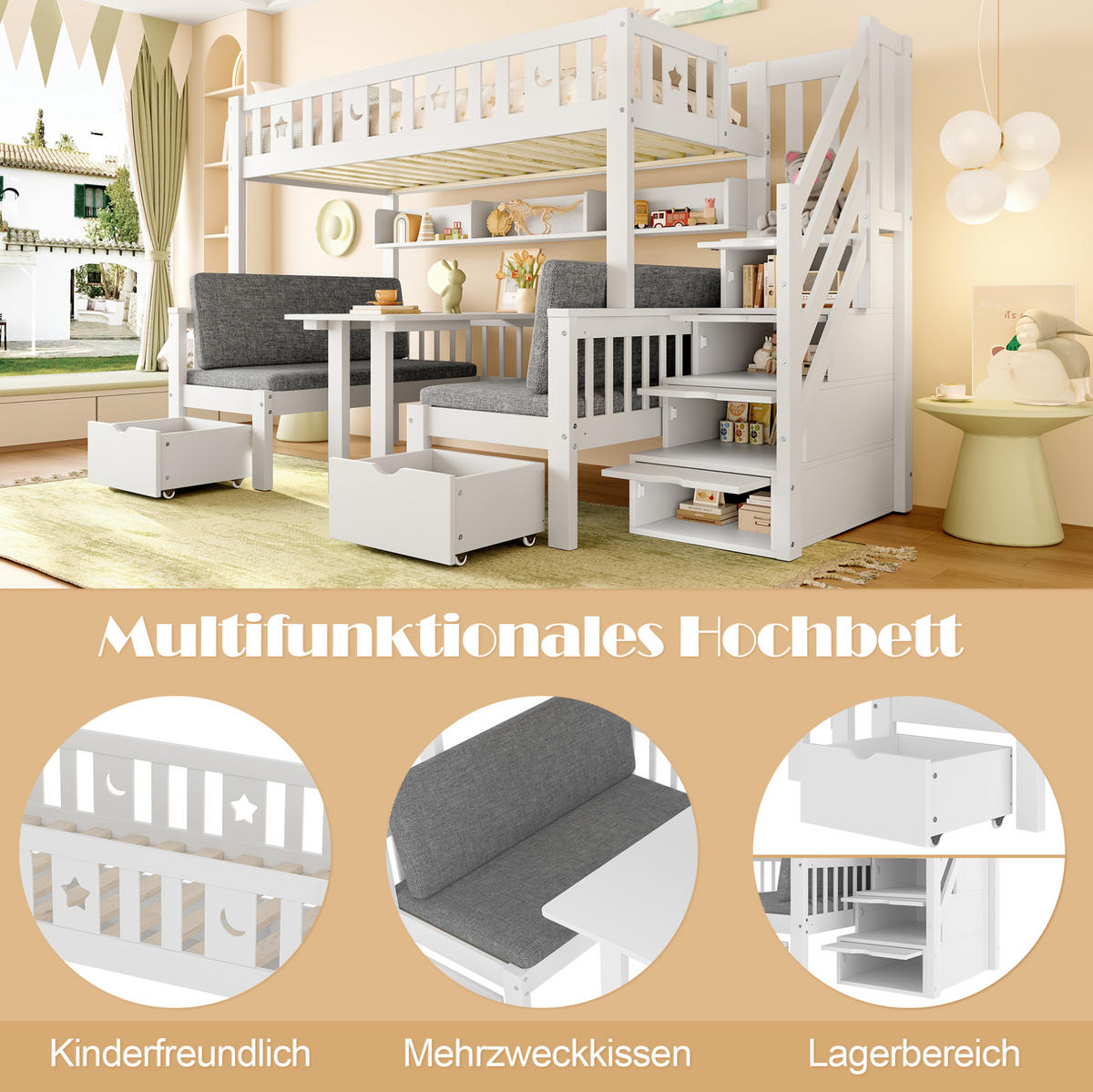 HOCHBETT 90/200 cm Weiß aus Kiefernholz mit Schreibtisch und Stauraumleiter - Weiß, Holz (90/200cm) - OKMYHOME