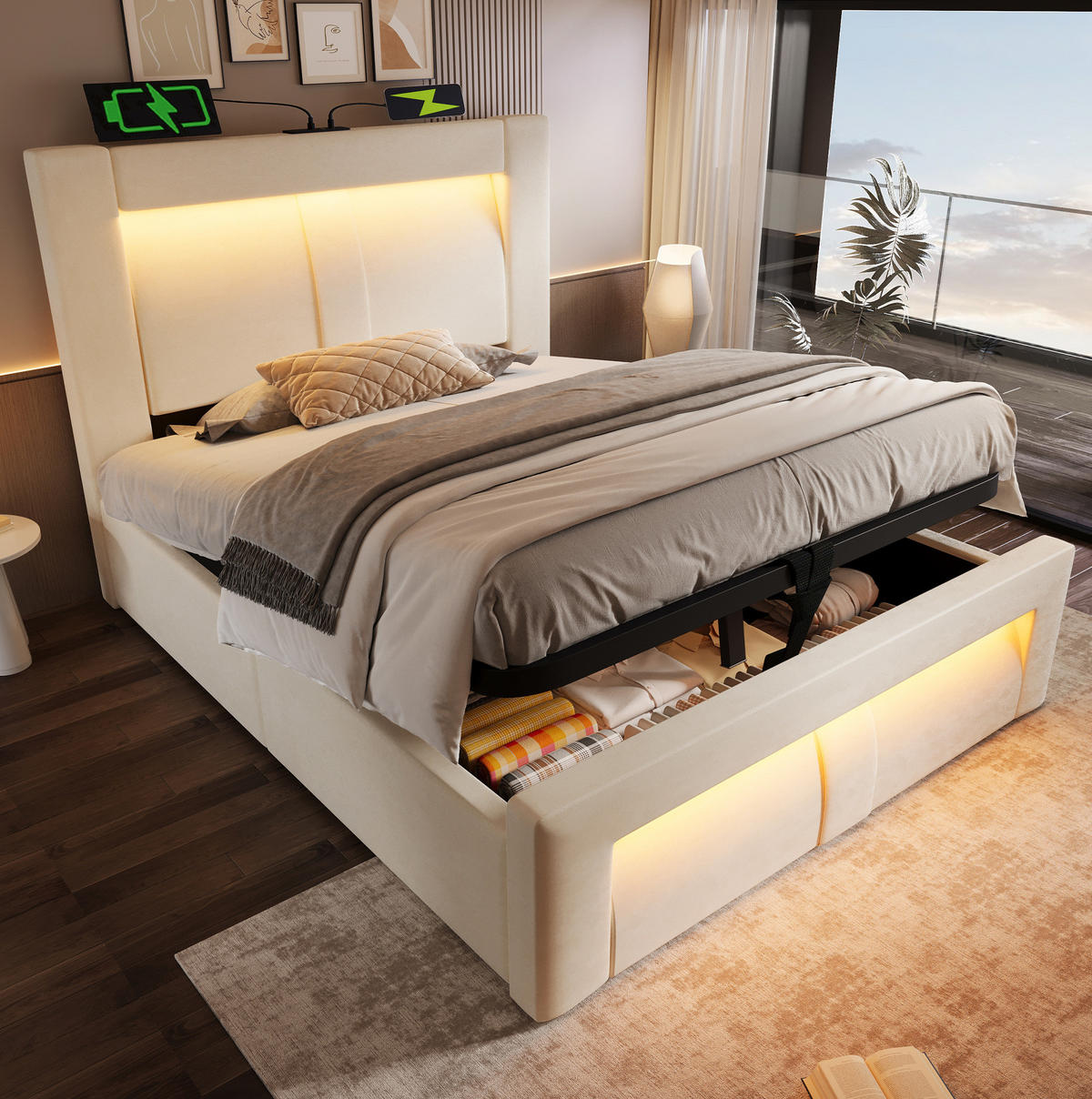 POLSTERBETT 90/200 cm mit LED, USB- und Type-C-Anschlüssen, hydraulischem Stauraum und Samtbezug, Beige - Beige, Holz (90/200cm) - Redom