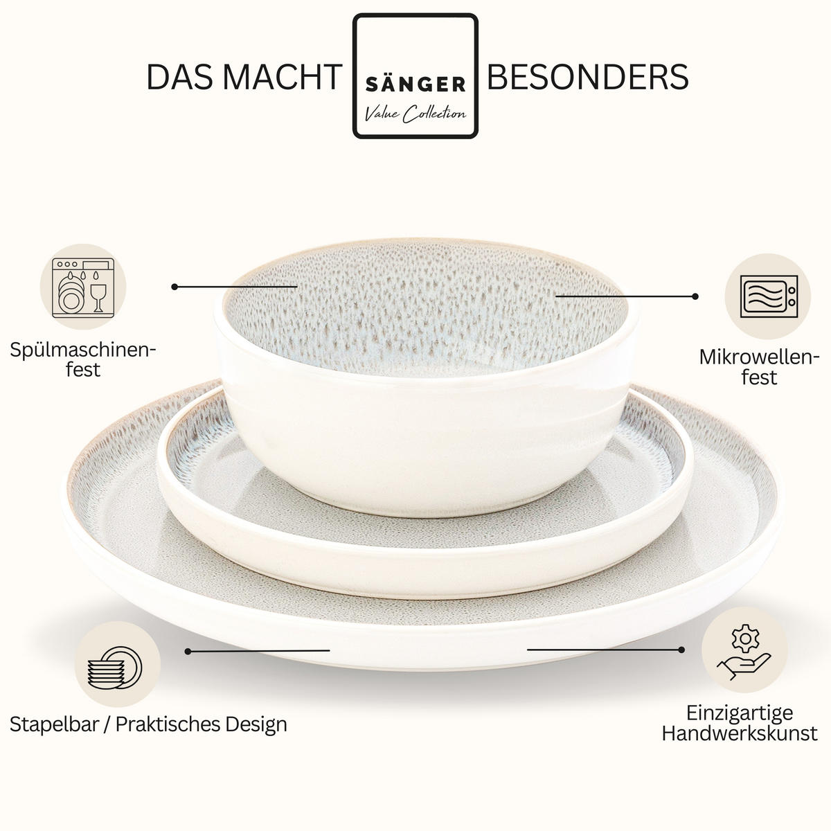 TAFELSERVICE KRETA - 36 teilig aus Steingut 12 Personen - Creme, Stein (50/30/80cm) - Sänger