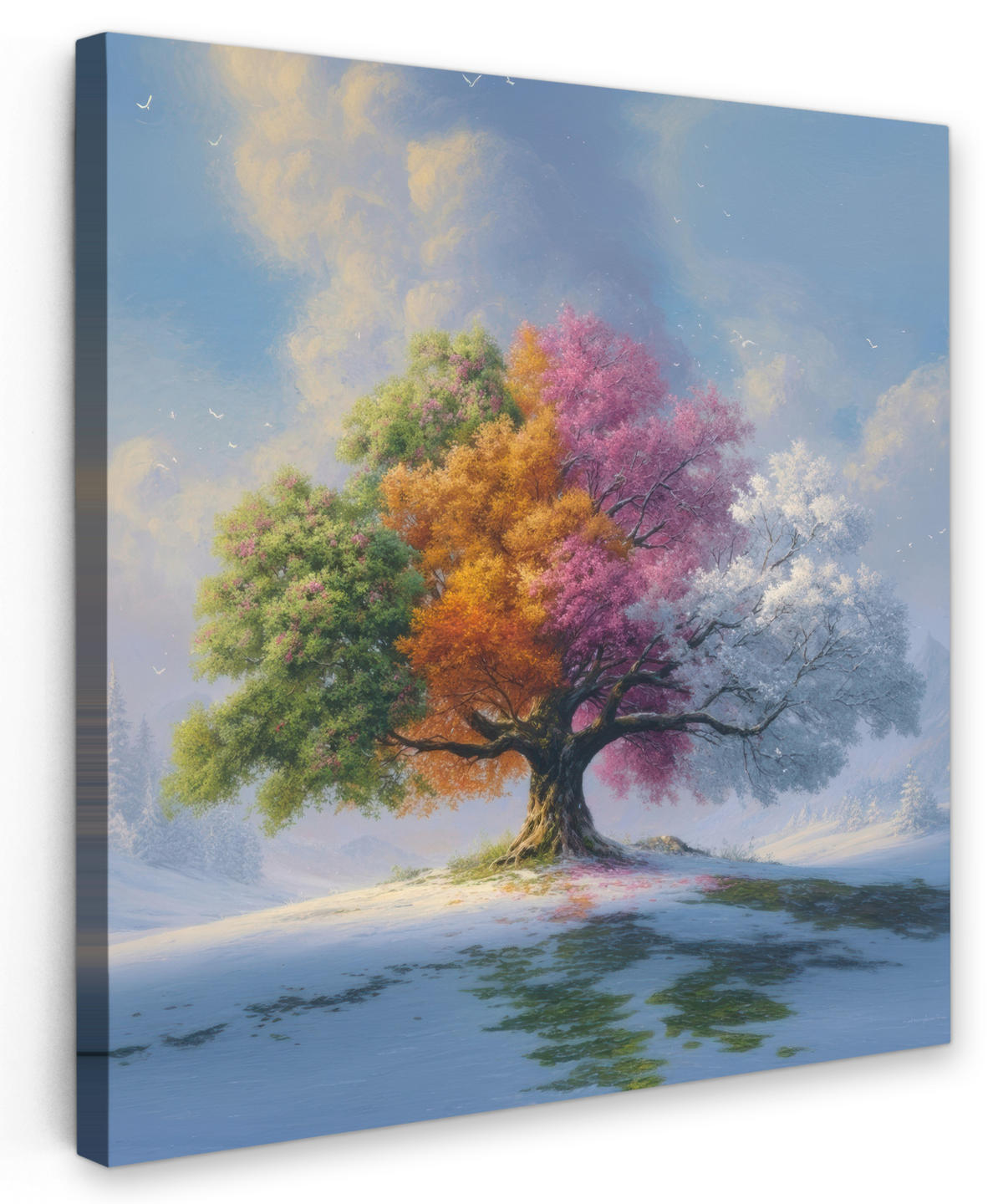 LEINWANDBILD Baum - Jahreszeiten - Winter - Landschaft Deko Groß 90x90 cm - Multicolor, Textil (90/90cm) - MuchoWow