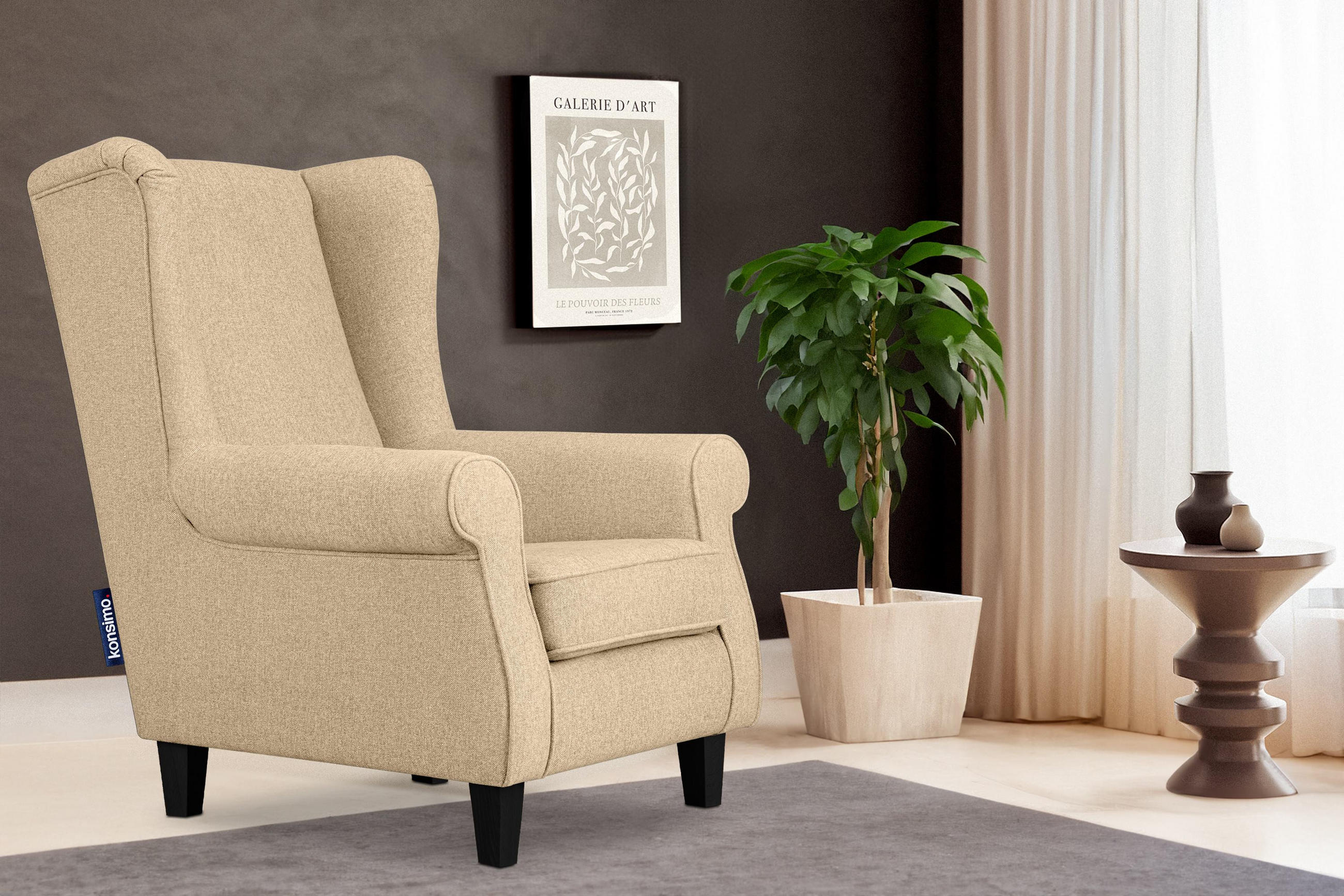OHRENSESSEL MILES Massivholzbeine, creme/schwarz - Creme/Schwarz, Holzwerkstoff/Buchenholz (82/105/97cm) - KONSIMO®