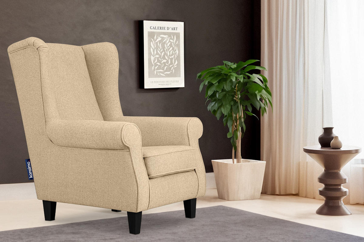OHRENSESSEL MILES Massivholzbeine, creme/schwarz - Creme/Schwarz, Holzwerkstoff/Buchenholz (82/105/97cm) - KONSIMO®