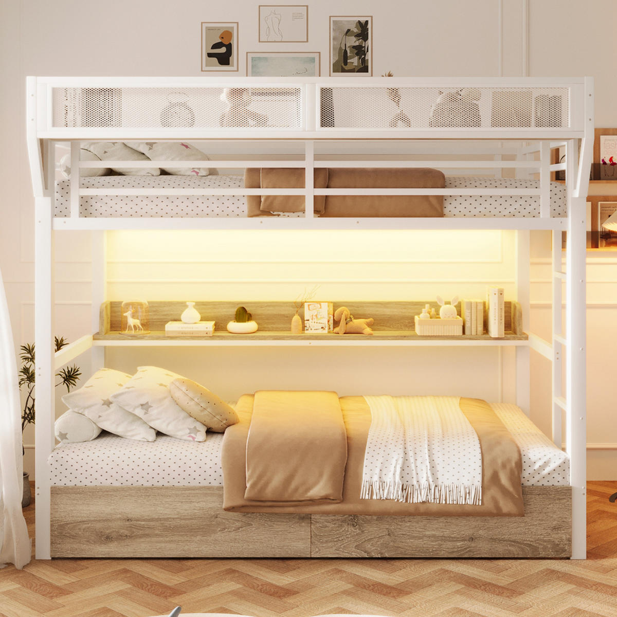 ETAGENBETT 90/200 cm in Weiß mit LED, 2 Schubladen und Aufbewahrungskorb - Weiß, Holzwerkstoff/Metall (90/200cm) - WISHDOR