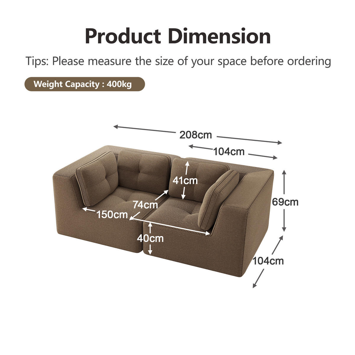 2-SITZER Sofa 208x104x69 cm aus Cordstoff rahmenlos modular, braun - Braun, Textil (104/69/208cm)
