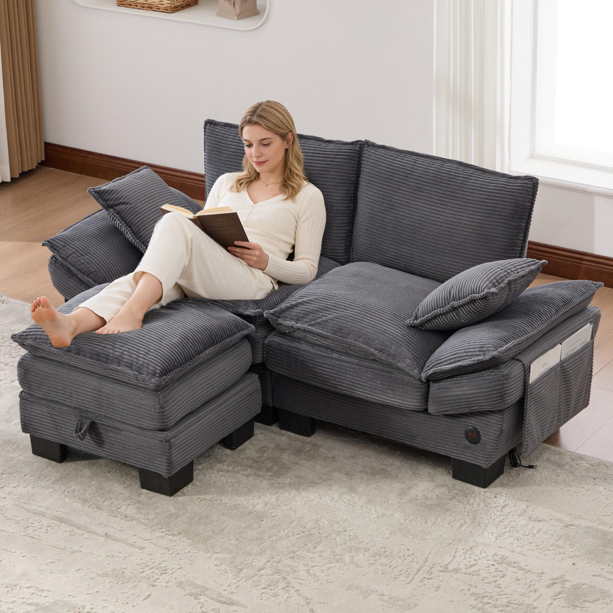 2-SITZER Sofa aus Cord 190x132x84 cm mit Hocker & USB-C, dunkelgrau - Dunkelgrau, Textil (132/84/190cm)