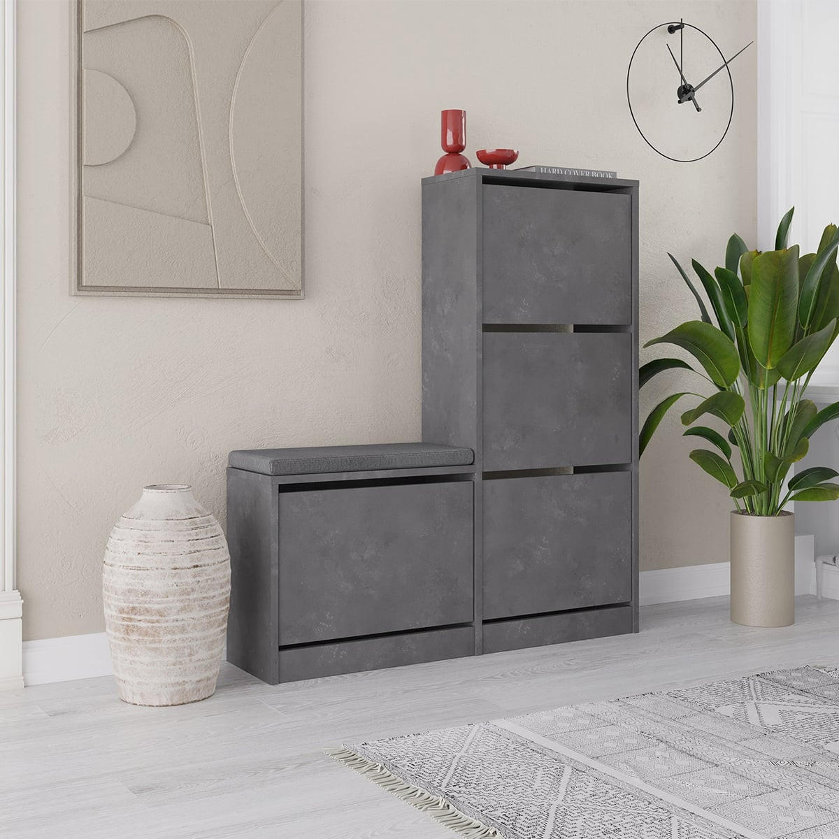 SCHUHSCHRANK 4 Türen L105 cm - Dude - Grau, Holzwerkstoff (26/118.5/105cm) - Calicosy