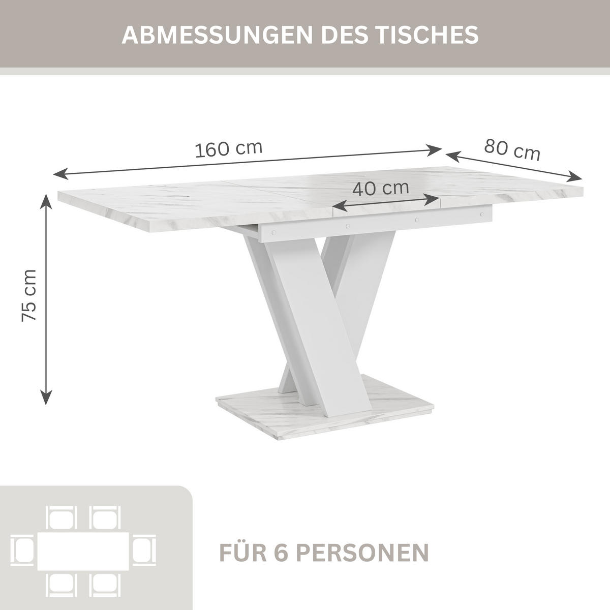 ROZKLADACÍ JEDÁLENSKÝ STÔL 120–160 cm Biely s dekorom mramoru - biela, kompozitné drevo (160/80/75cm) - Home Collective