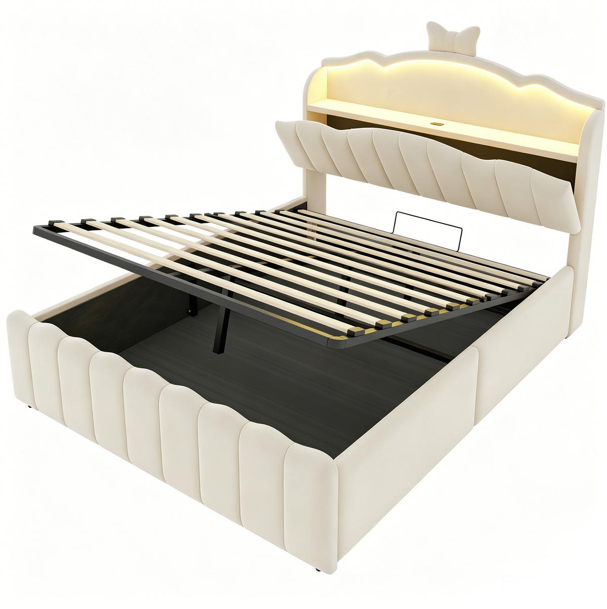 KINDERBETT 140x200 cm in Beige mit LED, USB-/USB-C-Anschlüssen und hydraulischem Stauraum - Beige, Textil (140/200cm) - IVMEU