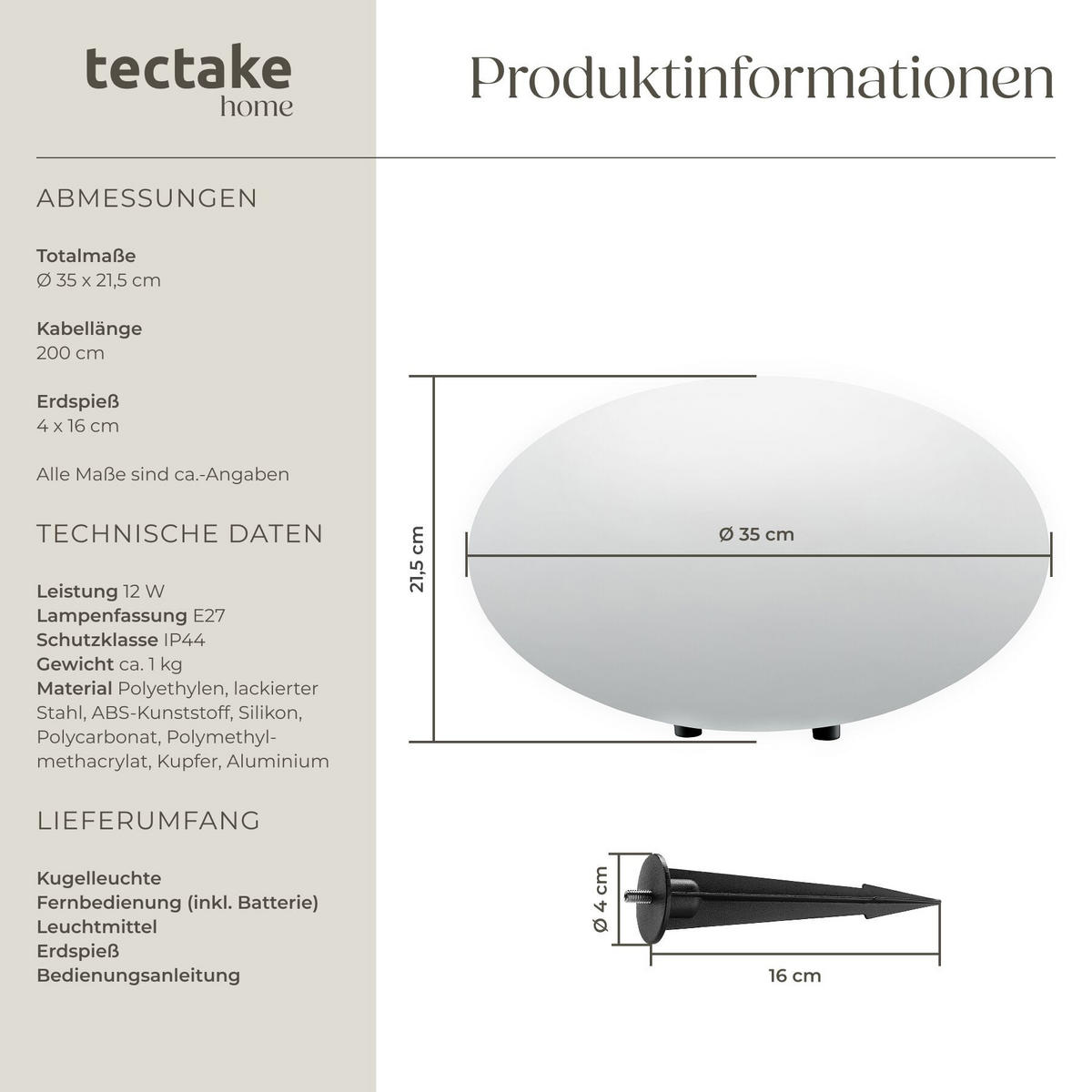 KUGELLEUCHTE Luminous Eye, inklusive Erdspieß, weiß - Weiß, Kunststoff (35/35/21.5cm) - tectake
