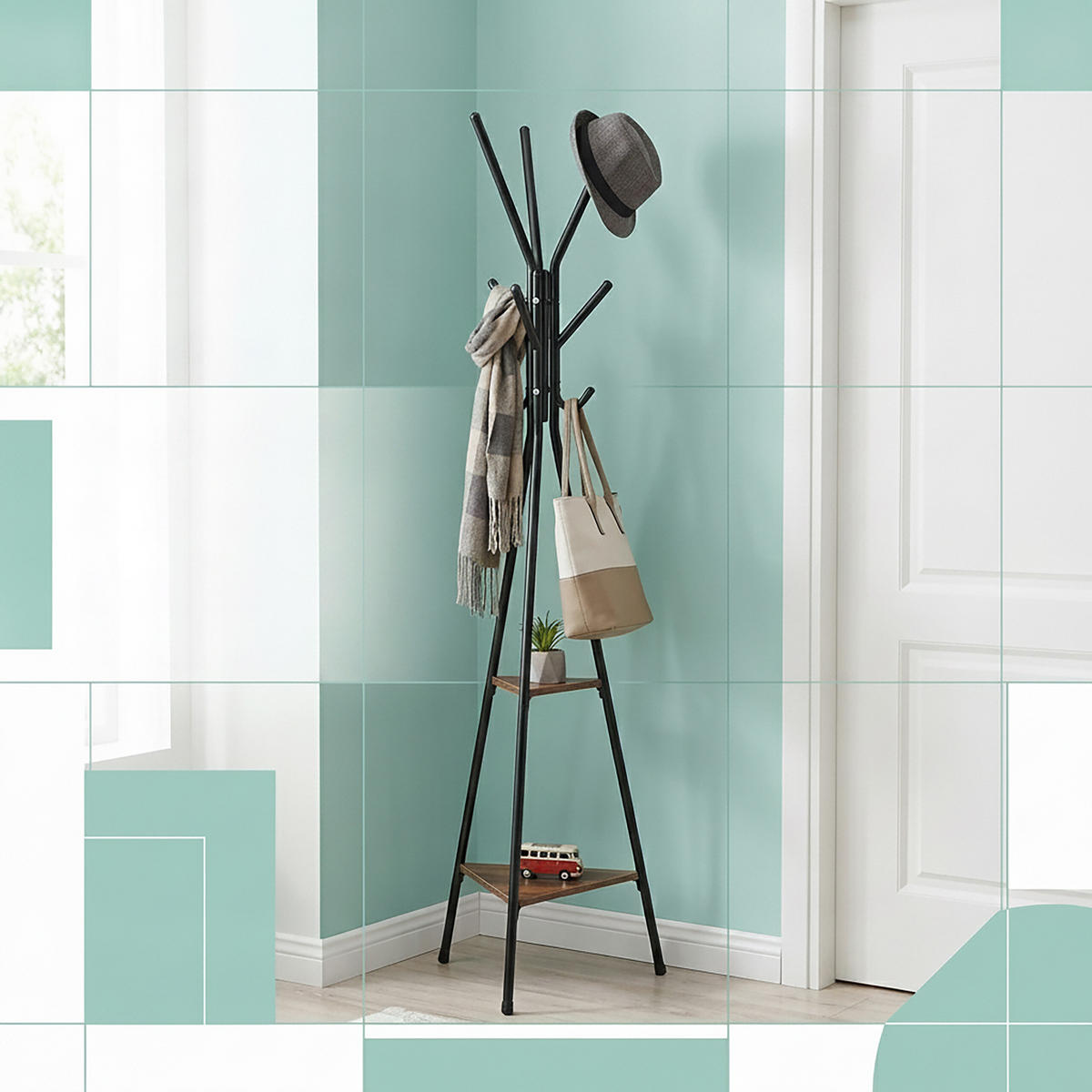 GARDEROBENSTÄNDER Schwarz Braun Industrial 6 Haken - Schwarz, Holzwerkstoff/Metall (50/181.5/43cm) - Relaxdays
