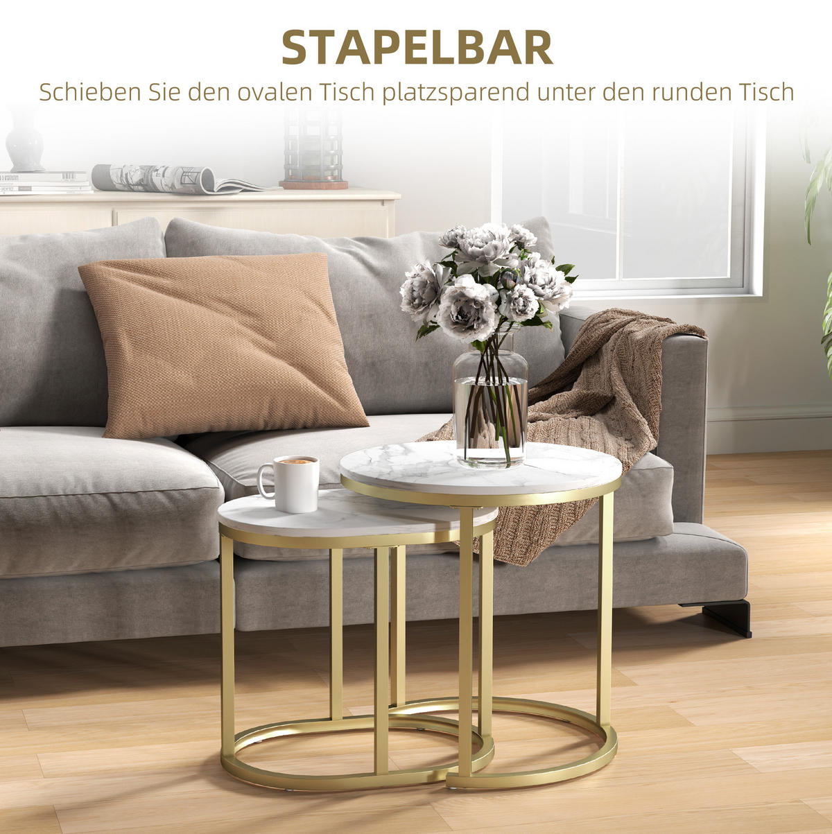 COUCHTISCH-SET aus MDF 50x50,5 cm und 60x36x43,5 cm Weiß stapelbar mit Stahlrahmen und verstellbaren Füßen - Weiß, Holzwerkstoff (50/50/50.5cm) - Modfu