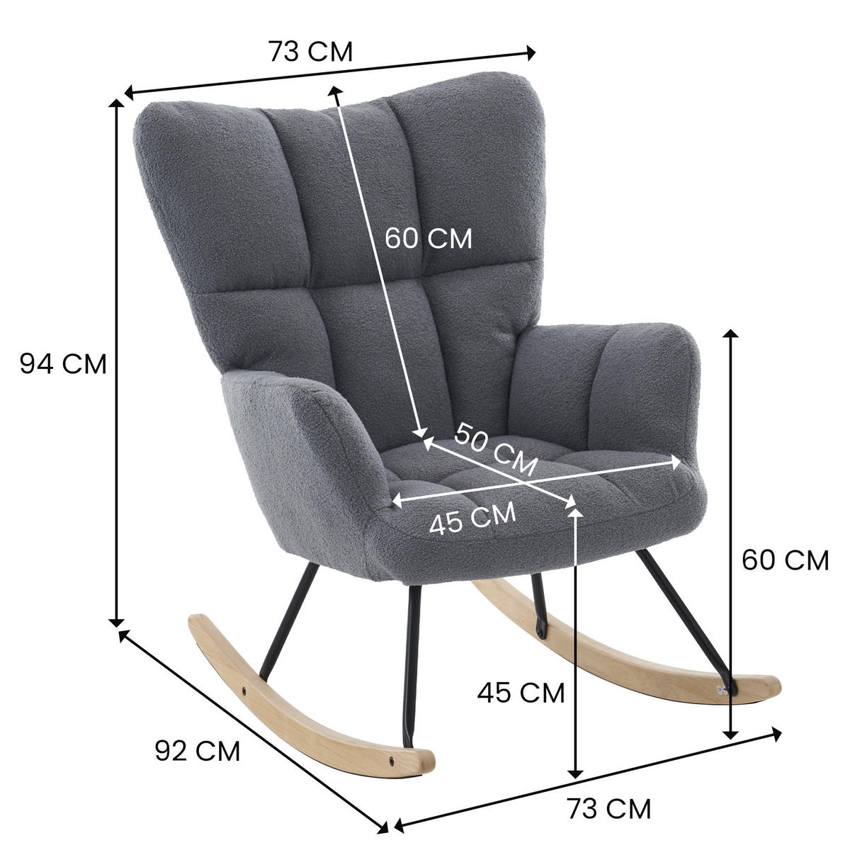 SCHAUKELSTUHL 73/92/94 cm Grau mit Massivholzrahmen für Wohnzimmer Schlafzimmer Balkon - Grau, Textil (92/94/73cm) - OKWISH