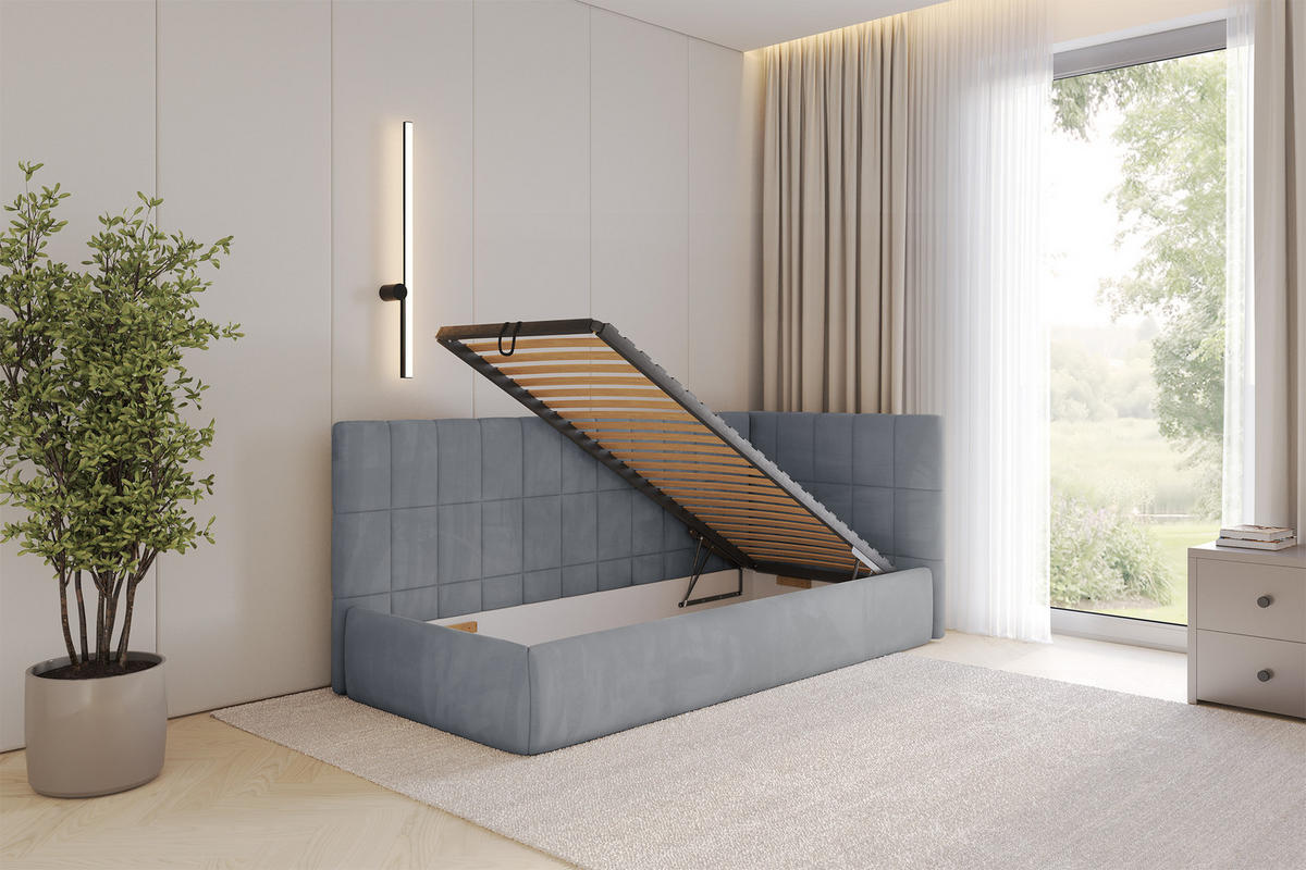 EINZELLBETT Jugendbett mit Bettkasten und Matratze H3/H4, Links - TULY 90x200 Grau - Grau, Holzwerkstoff/Textil (90/200cm) - ALTDECOR