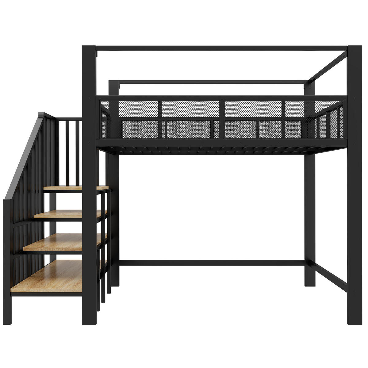 HOCHBETT Schwarz 140×200cm mit Baldachin, Stauraumtreppe und freier Arbeitsfläche unter dem Bett - Schwarz, Metall (140/200cm) - Luhomfu