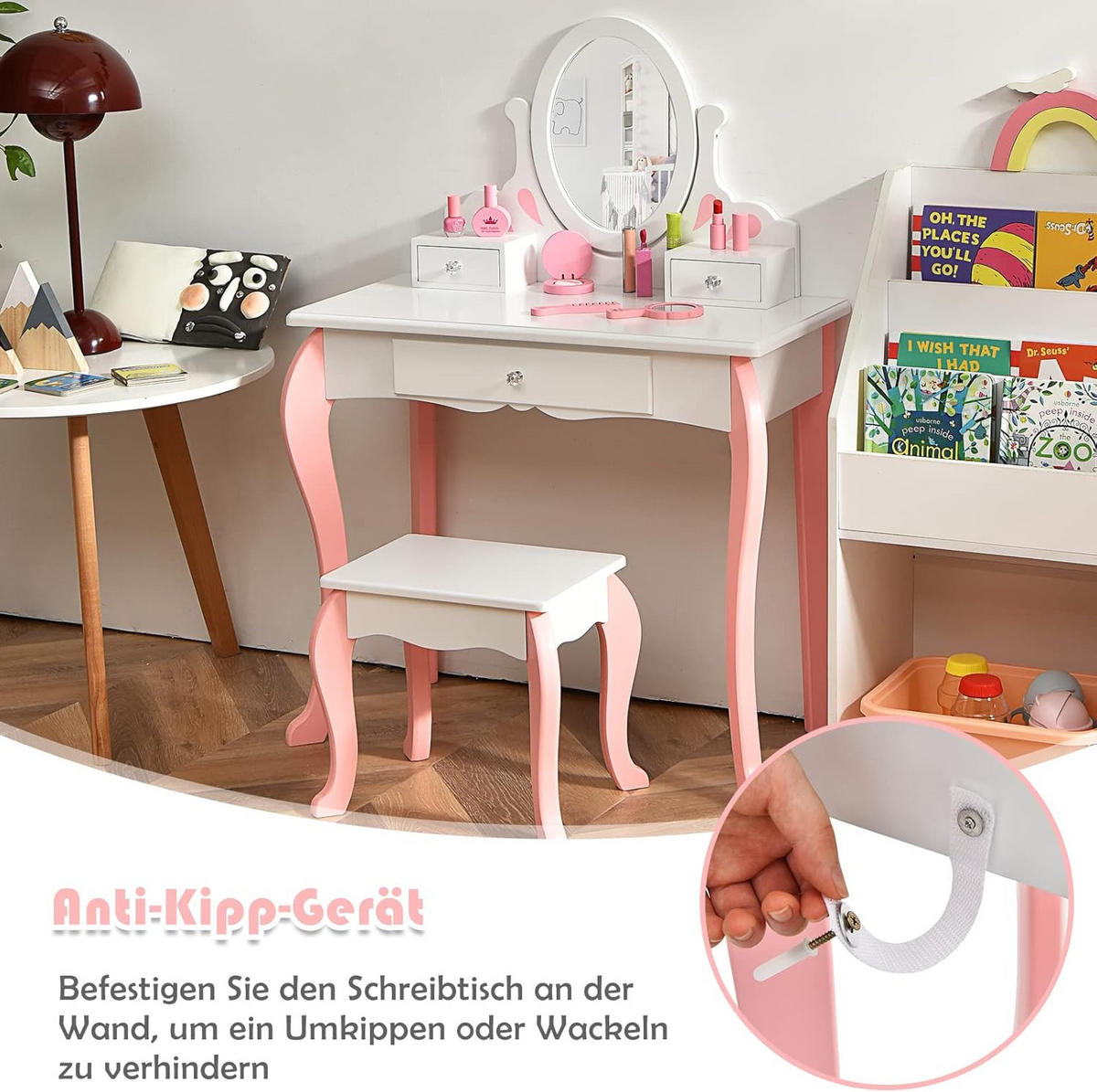 KINDER SCHMINKTISCH mit Hocker Weiß - Weiß, Holz (34/100/70cm) - COSTWAY