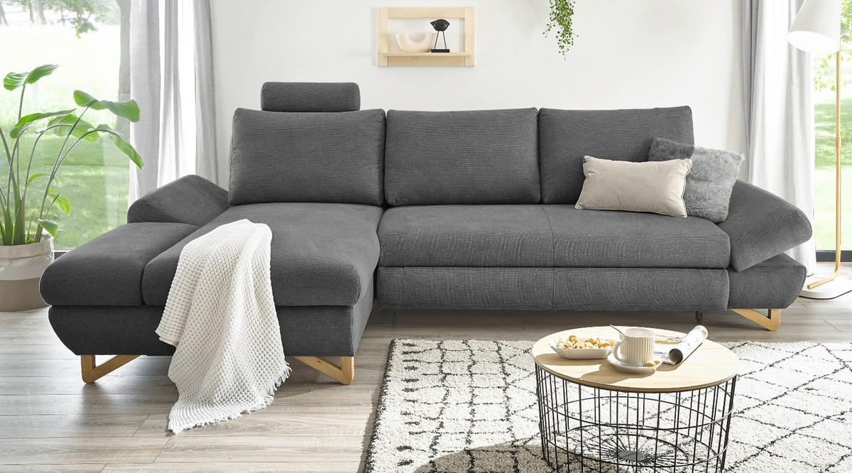 ECKSOFA grau Struktur-Stoff, Sofa mit Bettfunktion und Stauraum 284 cm - Grau, Holz/Textil (166/284cm) - Furn.Design