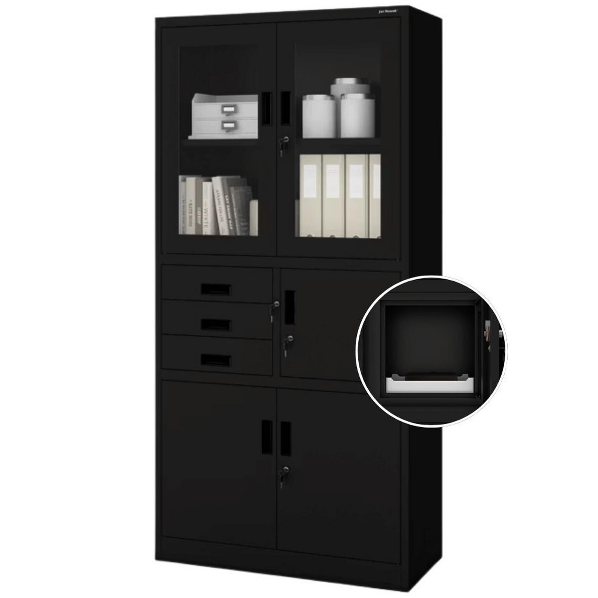 VITRINENSCHRANK abschließbar GEDO mit Tresor 185x90x40cm Schwarz - Schwarz, Metall (90/185/40cm) - DELUKE