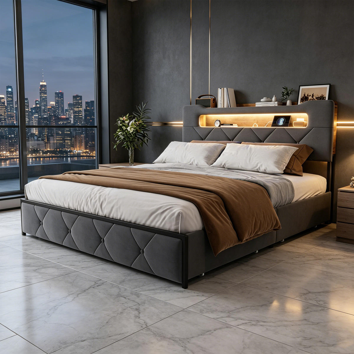 POLSTERBETT 140x200, jugendbett mit 4 Schubladen, LED, USB, Kopfteil, Lattenrost, samt, grau - Grau, Holzwerkstoff/Textil (140/200cm) - GENKI LIVING