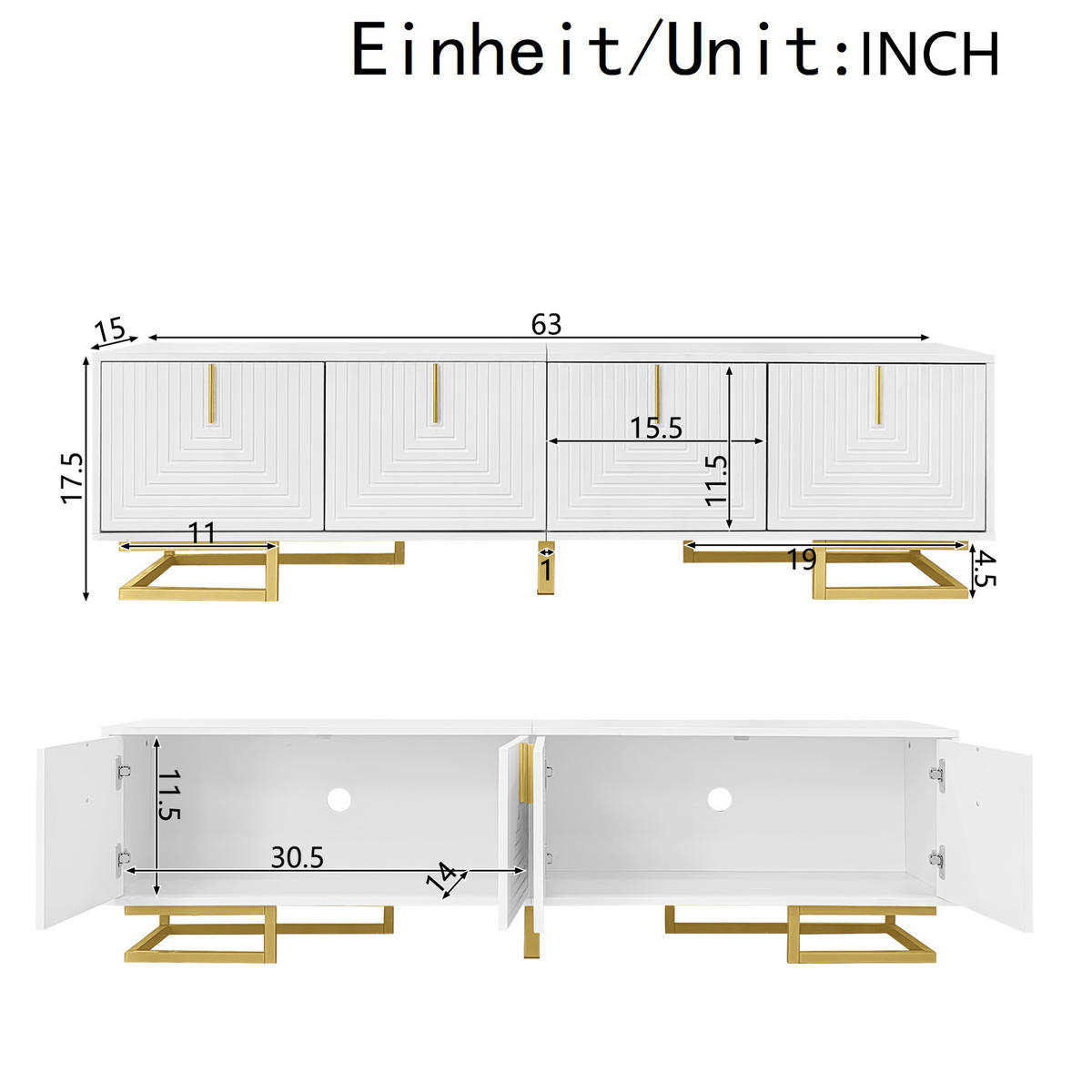TV-ELEMENT mit 4 Türen 160 cm Weiß mit goldfarbenen Details - Weiß, Holzwerkstoff (38/44.5/160cm) - Beauniv