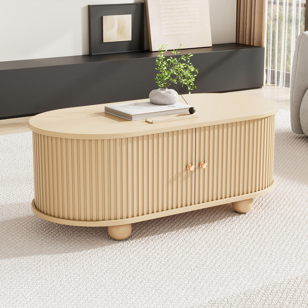 COUCHTISCH Oval Stauraum Schiebetüren Holzfarben Multifunktion - Naturfarben, Holzwerkstoff (100/50/40cm) - FLIEKS