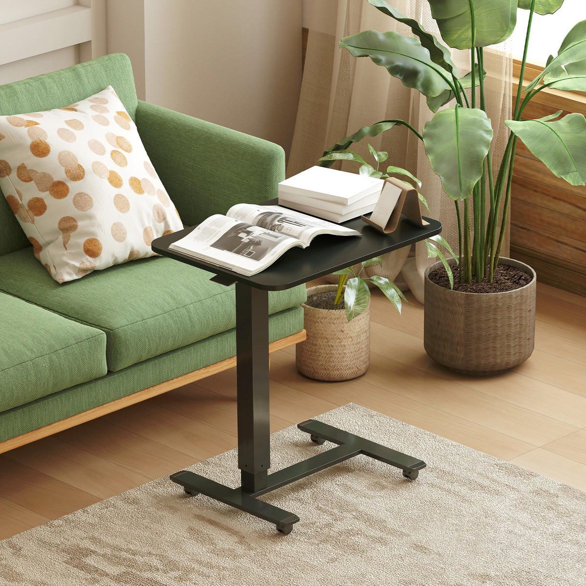 STEHPULT Höhenverstellbar C-förmig Schreibtisch mit 4 Rollen 65x48x70-110cm - Schwarz, Holzwerkstoff/Metall (65/48/110cm) - HOMCOM