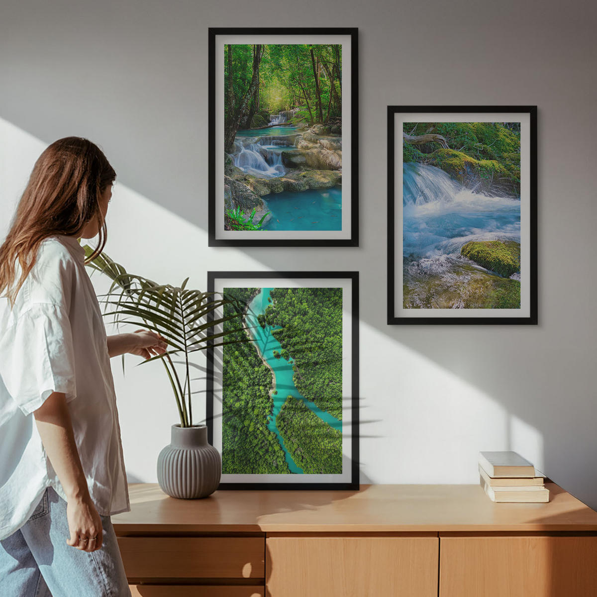 WANDBILDER 3er-Set - 40x60 cm Schwarzer Rahmen - Grüne Wälder, kristallklares Wasser - Schwarz, Kunststoff (40/60cm) - ArtPrintCave