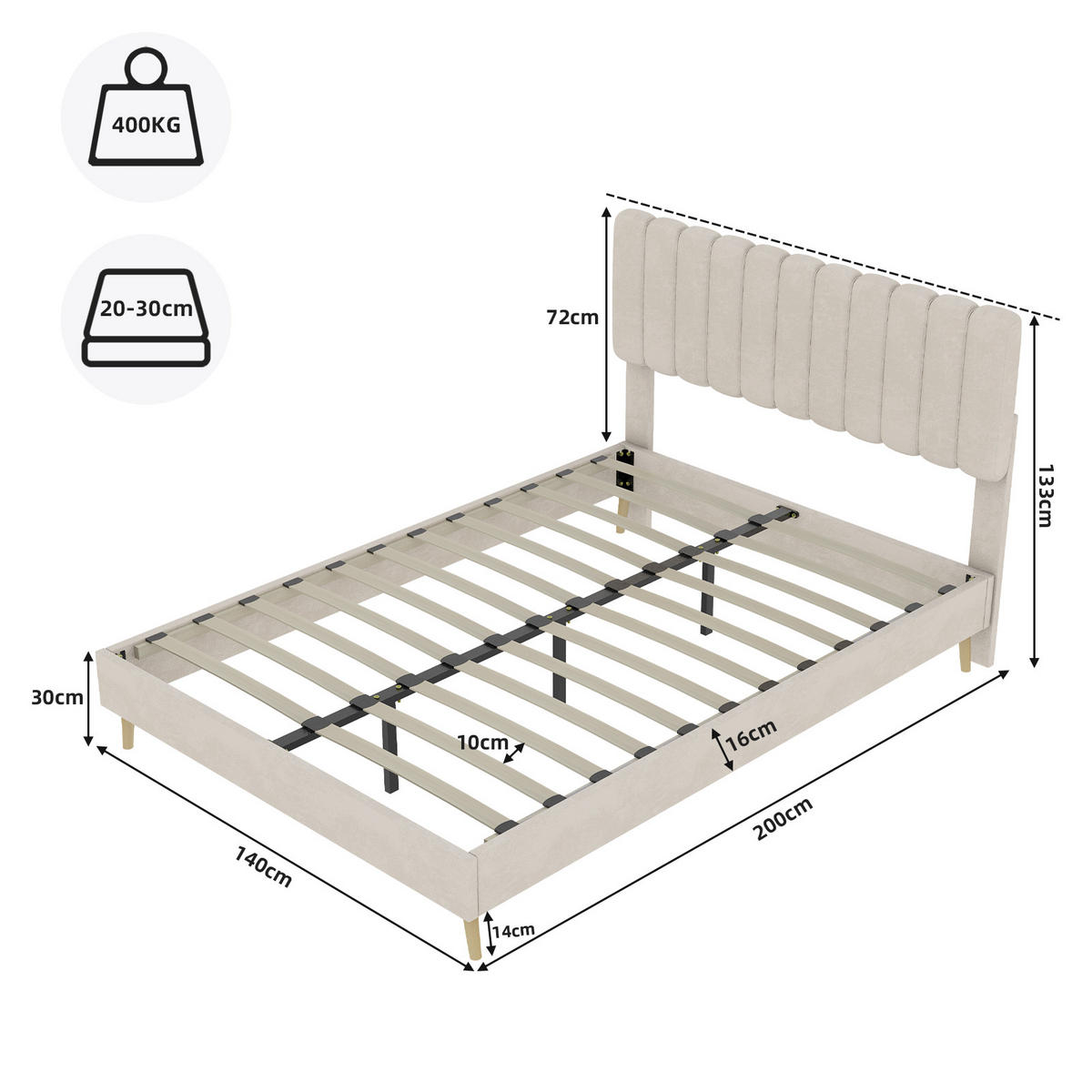 POLSTERBETT 140x200 cm ohne Stauraum beige - Beige, Textil (140/200cm) - LEBENLANG
