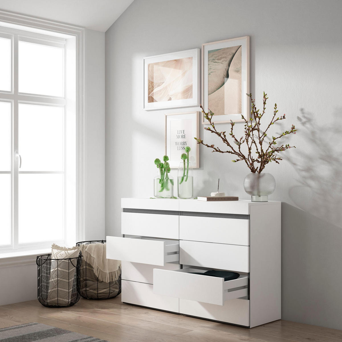 KOMMODE mit Schubladen, Sideboard Schrank, weiß und schwarz, 114/35/75cm - Weiß, Holzwerkstoff (114/75/35cm) - Skraut Home